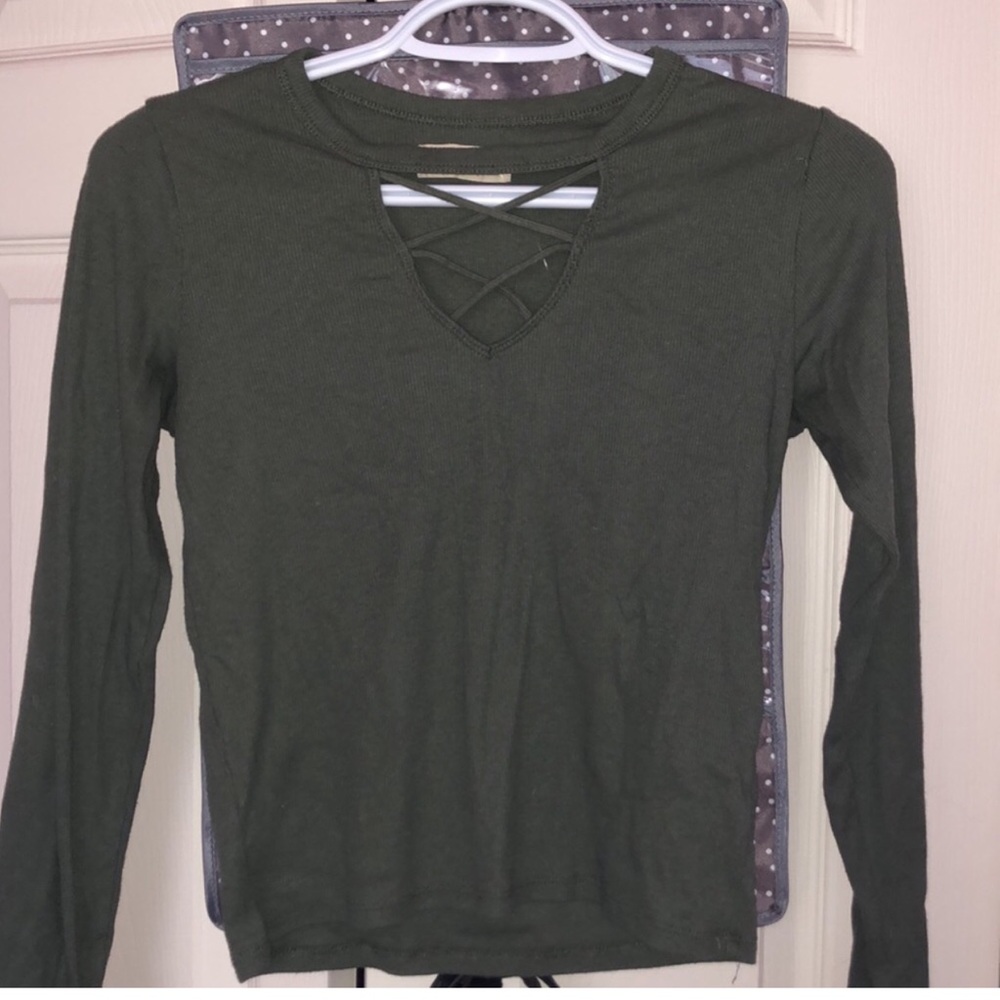 Hollister Army green x- lace front detail long sleeve jersey-tee- Sz Small